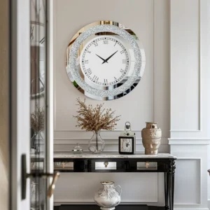 Round Mirrored Wall Clock Crushed Diamond Inlay Mirror Wall Clock Decorative