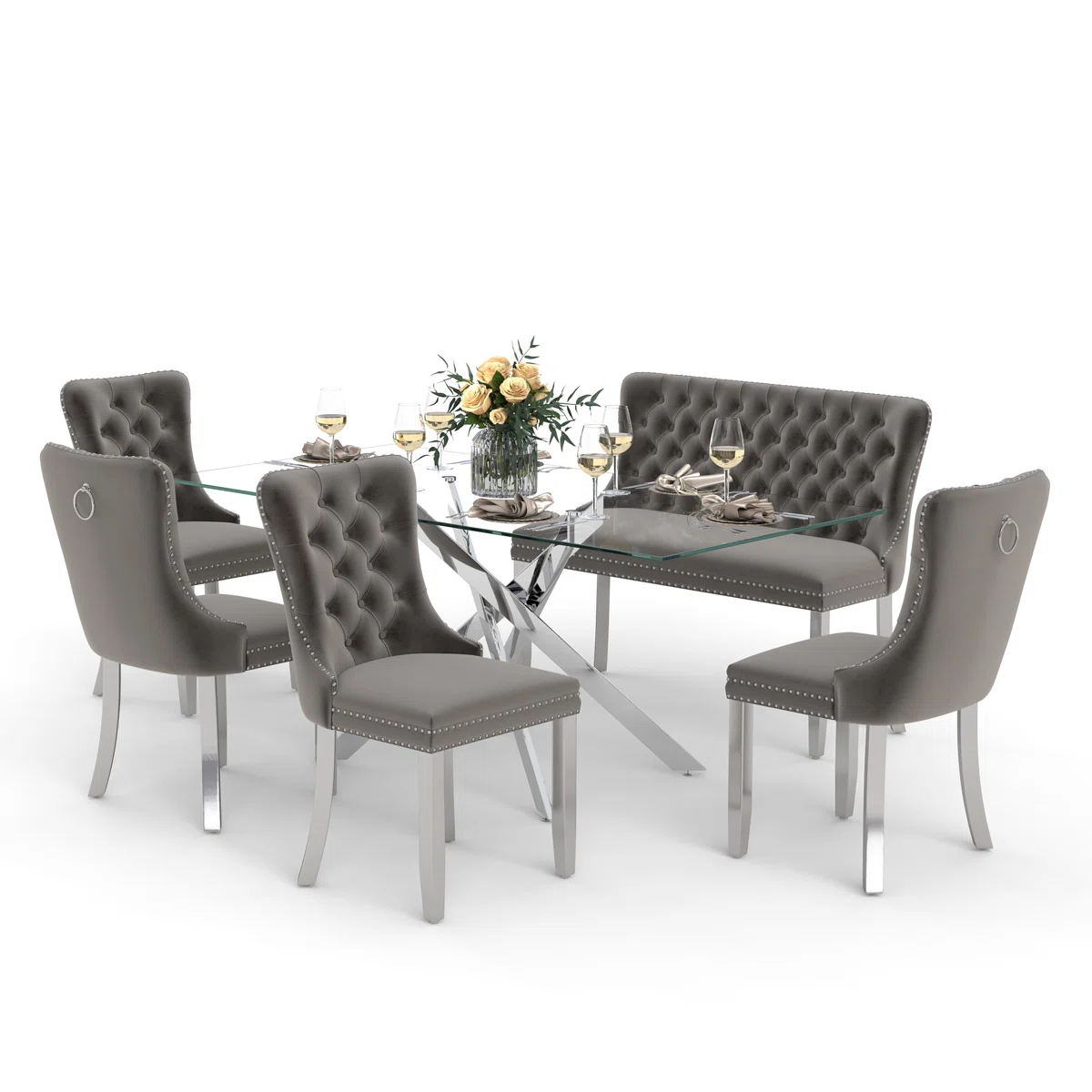 Luxury Dining Set with Hand-Tufted Velvet Bench & Chairs, 8mm Tempered Glass Table, Modern Furniture for Dining Area - Image 3