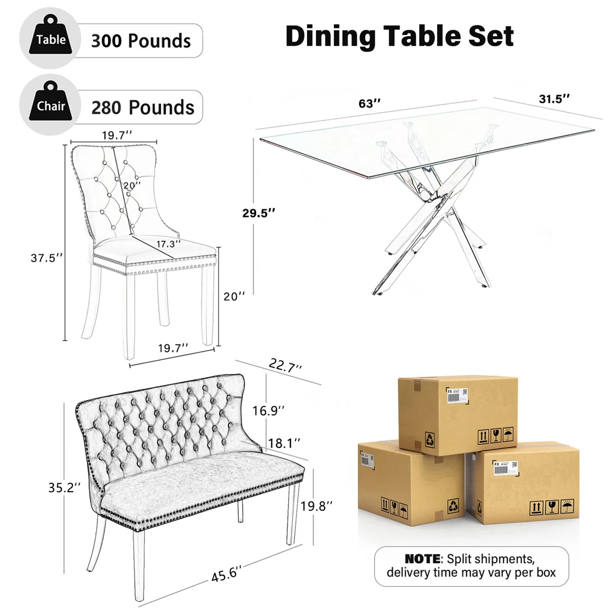 Luxury Dining Set with Hand-Tufted Velvet Bench & Chairs, 8mm Tempered Glass Table, Modern Furniture for Dining Area - Image 4