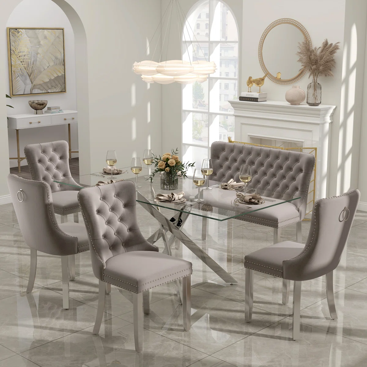 Luxury Dining Set with Hand-Tufted Velvet Bench & Chairs, 8mm Tempered Glass Table, Modern Furniture for Dining Area - Image 2