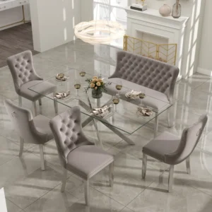 Luxury Dining Set with Hand-Tufted Velvet Bench & Chairs, 8mm Tempered Glass Table, Modern Furniture for Dining Area