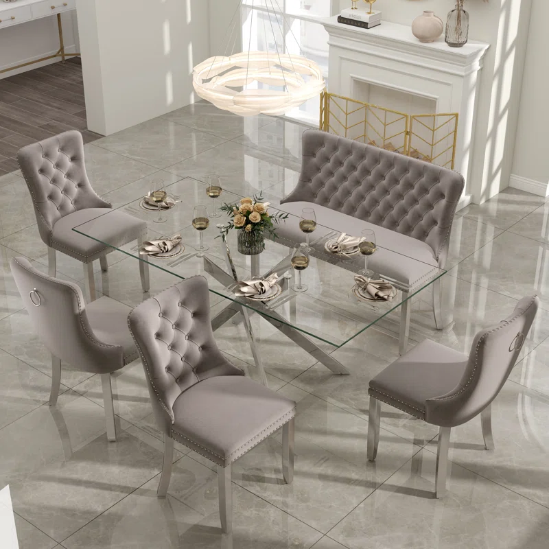 Luxury Dining Set with Hand-Tufted Velvet Bench & Chairs, 8mm Tempered Glass Table, Modern Furniture for Dining Area